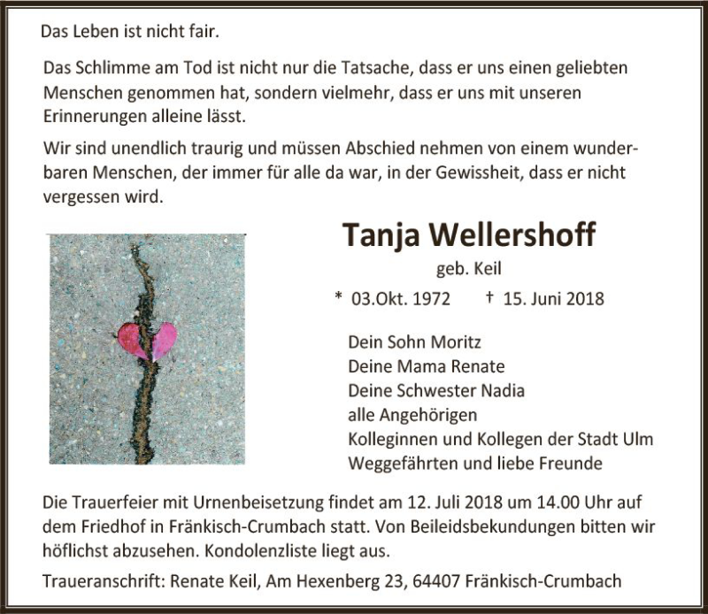  Traueranzeige für Tanja Wellershoff vom 05.07.2018 aus vrm-trauer