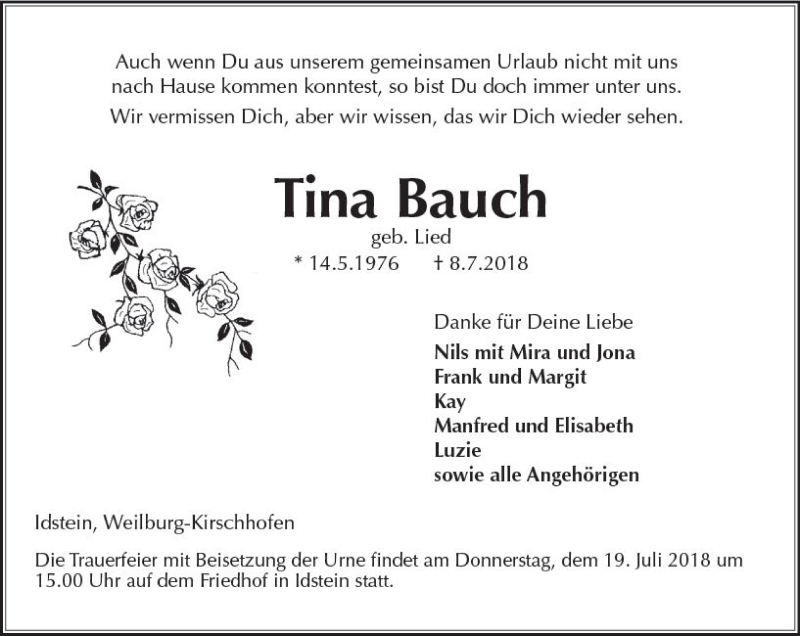  Traueranzeige für Tina Bauch vom 14.07.2018 aus vrm-trauer