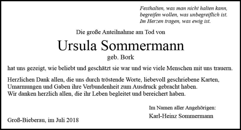  Traueranzeige für Ursula Sommermann vom 21.07.2018 aus vrm-trauer