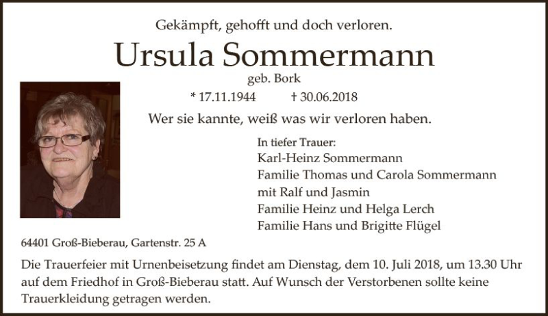  Traueranzeige für Ursula Sommermann vom 06.07.2018 aus vrm-trauer