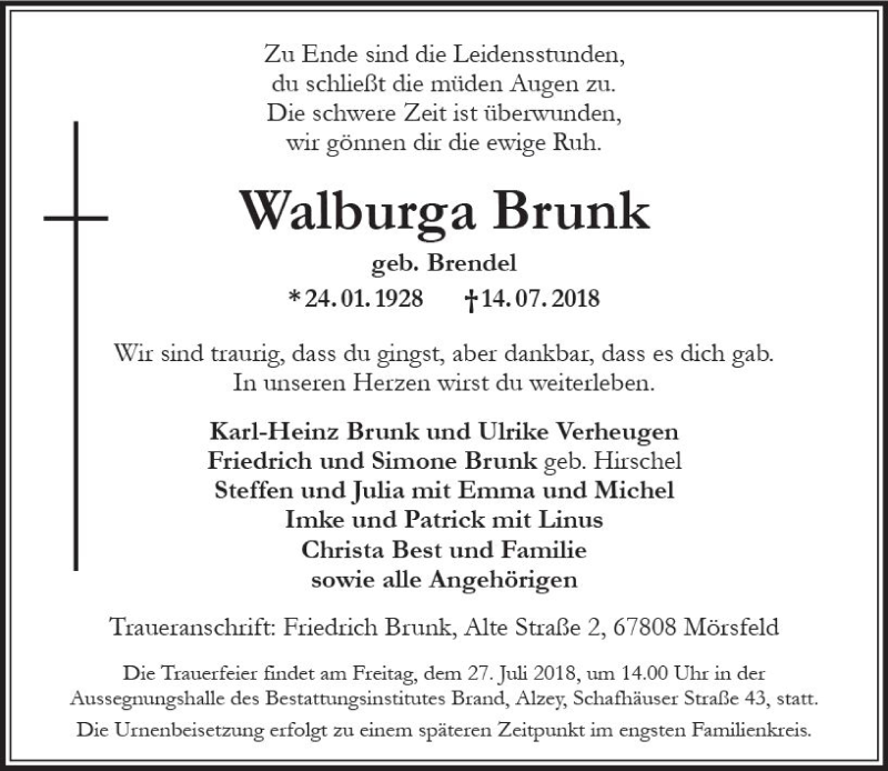  Traueranzeige für Walburga Brunk vom 18.07.2018 aus vrm-trauer