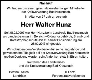 Traueranzeige von Walter Hunz von vrm-trauer