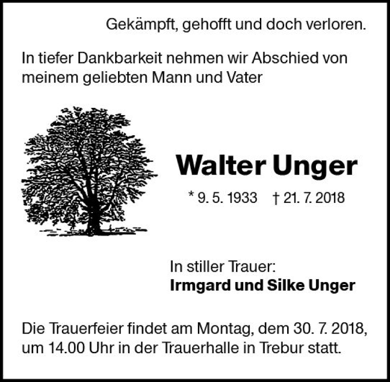  Traueranzeige für Walter Unger vom 26.07.2018 aus vrm-trauer