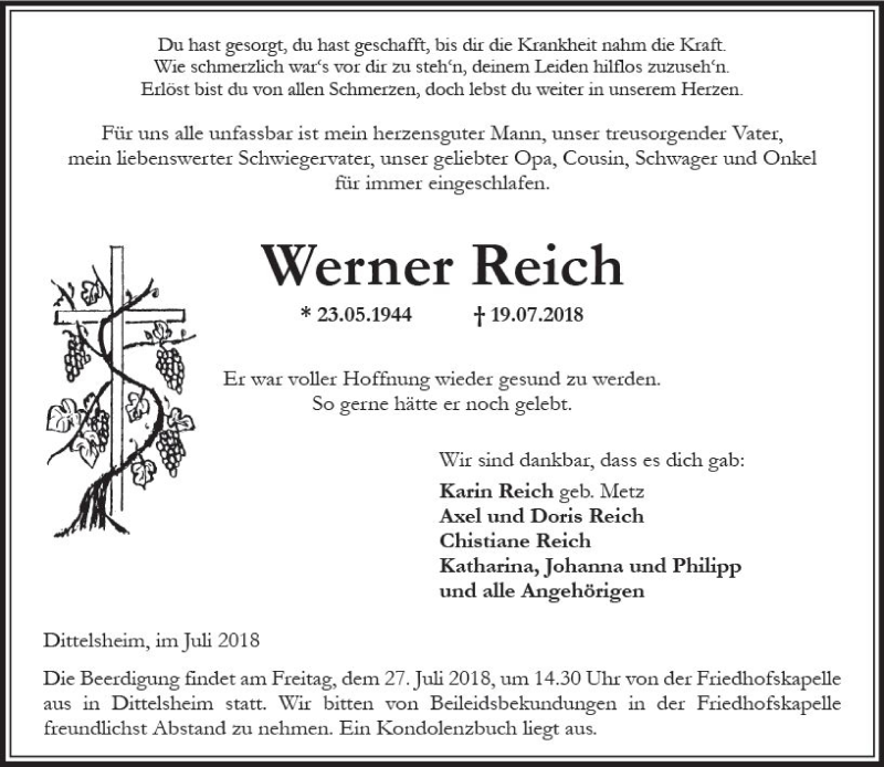  Traueranzeige für Werner Reich vom 24.07.2018 aus vrm-trauer