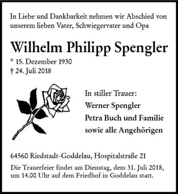 Traueranzeige von Wilhelm Philipp Spengler von vrm-trauer
