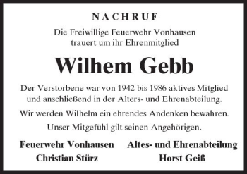 Traueranzeige von Wilhem Gebb von  Kreisanzeiger