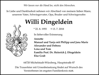 Traueranzeige von Willi Dingeldein von vrm-trauer