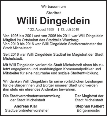 Traueranzeige von Willi Dingeldein von vrm-trauer