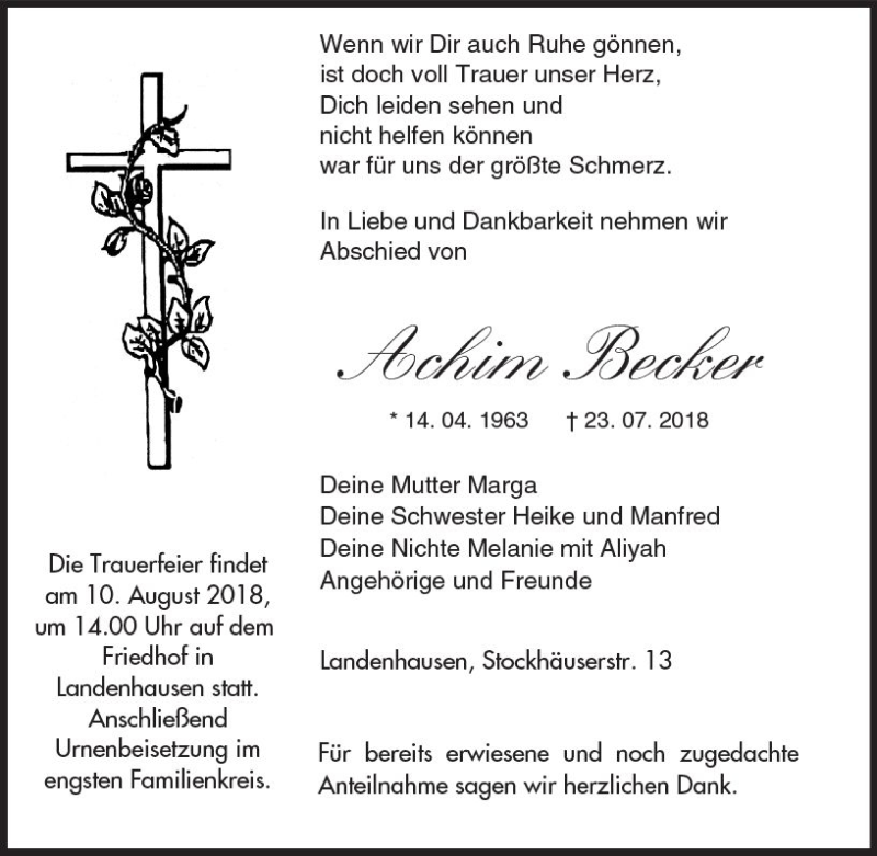  Traueranzeige für Achim Becker vom 04.08.2018 aus VRM Trauer