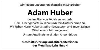 Traueranzeige von Adam Huber von vrm-trauer
