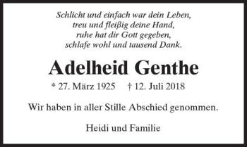 Traueranzeige von Adelheid Genthe von  Camberger Anzeiger