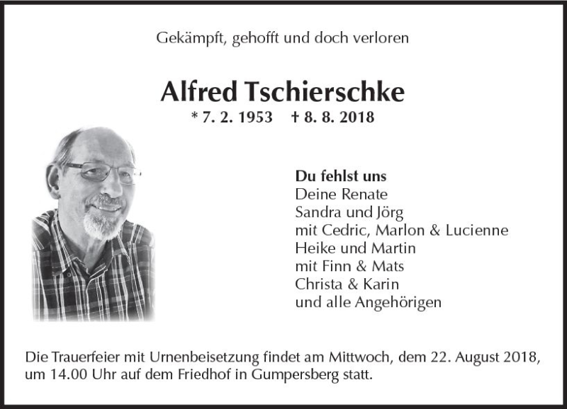  Traueranzeige für Alfred Tschierschke vom 18.08.2018 aus vrm-trauer