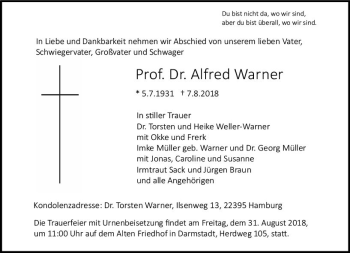 Traueranzeige von Alfred Warner von vrm-trauer