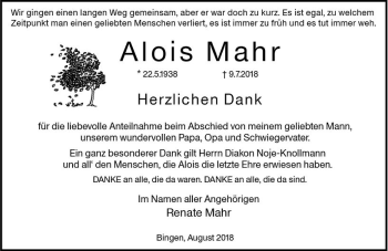 Traueranzeige von Alois Mahr von vrm-trauer