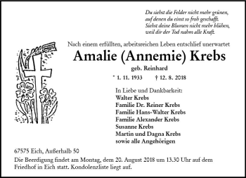 Traueranzeige von Amalie Krebs von vrm-trauer