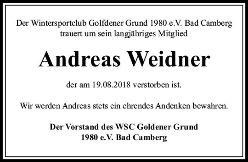  Traueranzeige für Andreas Weidner vom 30.08.2018 aus  Camberger Anzeiger