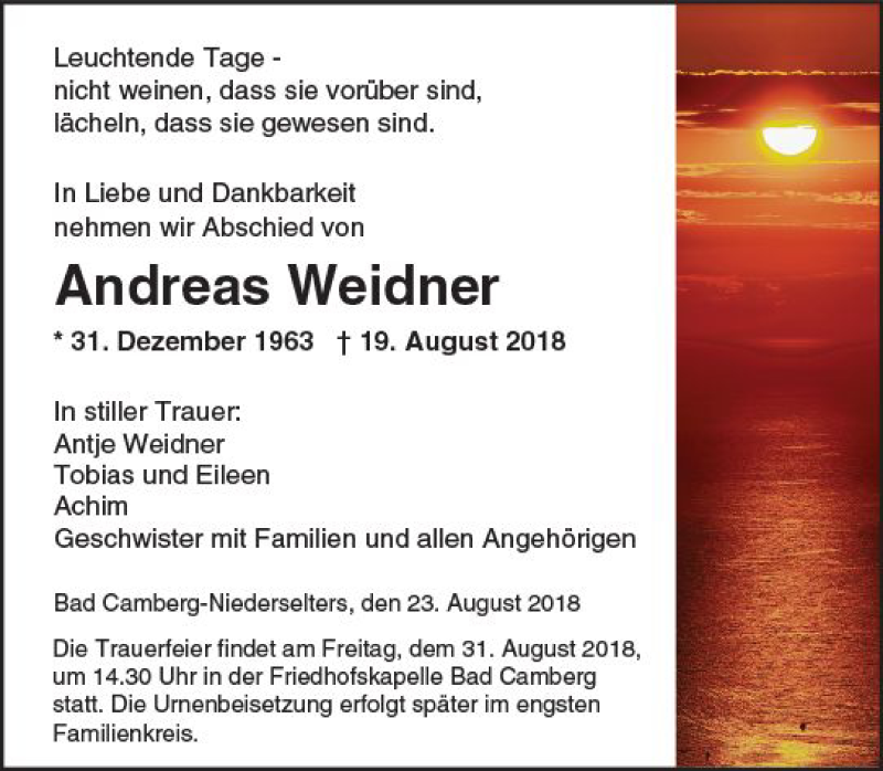  Traueranzeige für Andreas Weidner vom 23.08.2018 aus  Camberger Anzeiger
