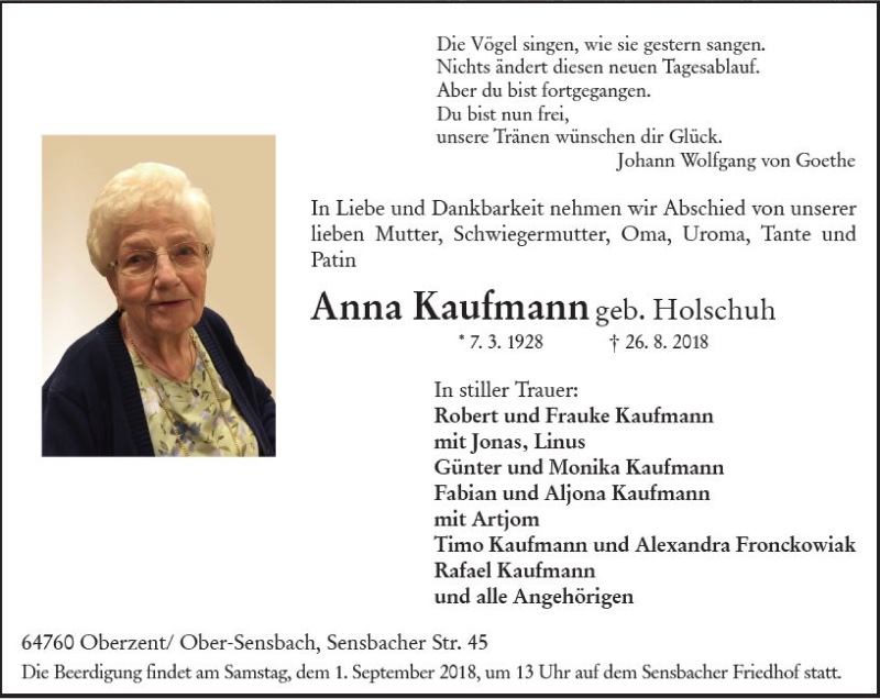  Traueranzeige für Anna Kaufmann vom 30.08.2018 aus vrm-trauer