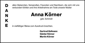 Traueranzeige von Anna Körner von vrm-trauer