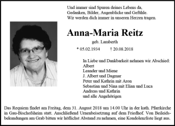Traueranzeige von Anna-Maria Reitz von vrm-trauer