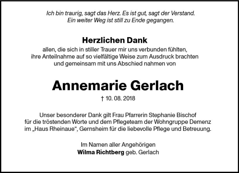  Traueranzeige für Annemarie Gerlach vom 27.08.2018 aus vrm-trauer