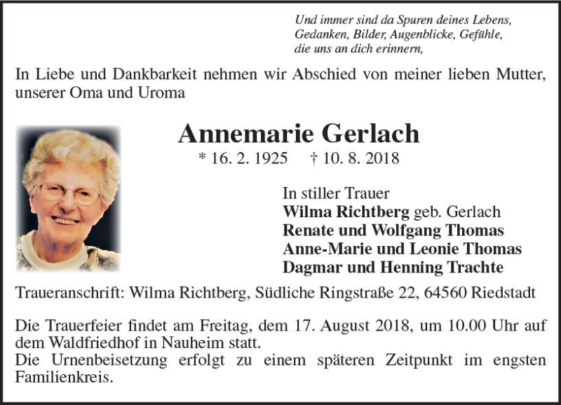  Traueranzeige für Annemarie Gerlach vom 15.08.2018 aus vrm-trauer