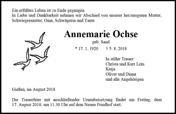Traueranzeige von Annemarie Ochse von  Gießener Anzeiger