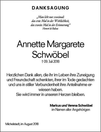 Traueranzeige von Annette Margarete Schwöbel von vrm-trauer