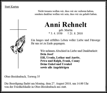 Traueranzeige von Anni Rehnelt von VRM Trauer