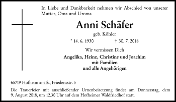 Traueranzeige von Anni Schäfer von vrm-trauer