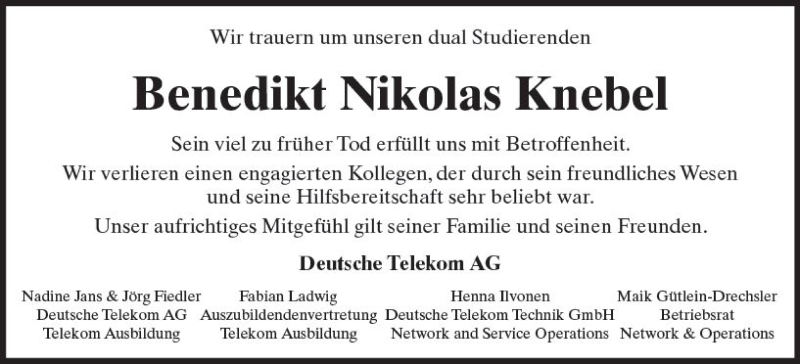  Traueranzeige für Benedikt Nikolas Knebel vom 10.08.2018 aus vrm-trauer