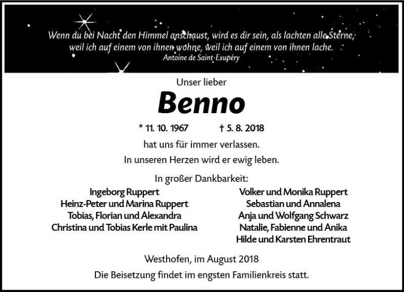  Traueranzeige für Benno  vom 11.08.2018 aus vrm-trauer