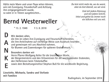 Traueranzeige von Bernd Westerweller von  Kreisanzeiger