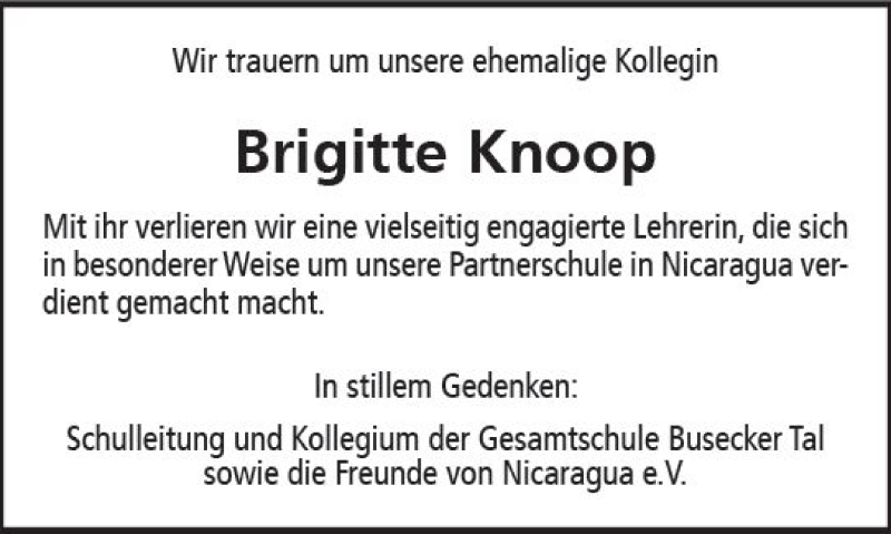  Traueranzeige für Brigitte Knoop vom 04.08.2018 aus  Gießener Anzeiger