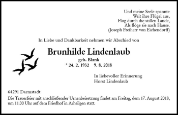 Traueranzeige von Brunhilde Lindenlaub von vrm-trauer