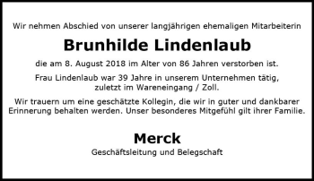 Traueranzeige von Brunhilde Lindenlaub von vrm-trauer