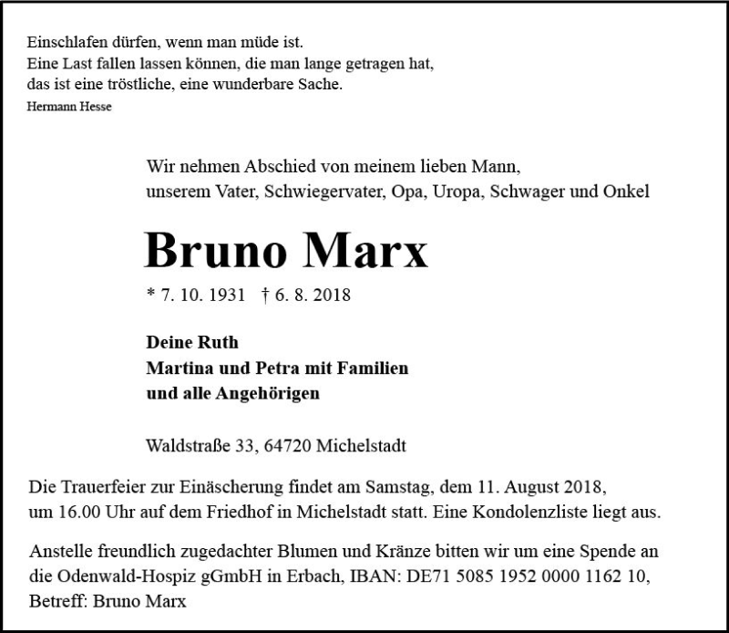  Traueranzeige für Bruno Marx vom 09.08.2018 aus vrm-trauer