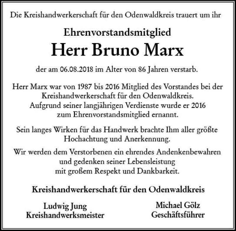  Traueranzeige für Bruno Marx vom 11.08.2018 aus vrm-trauer