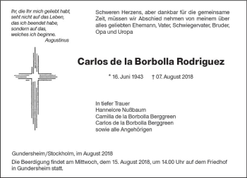 Traueranzeige von Carlos de la Borbolla Rodriguez von vrm-trauer