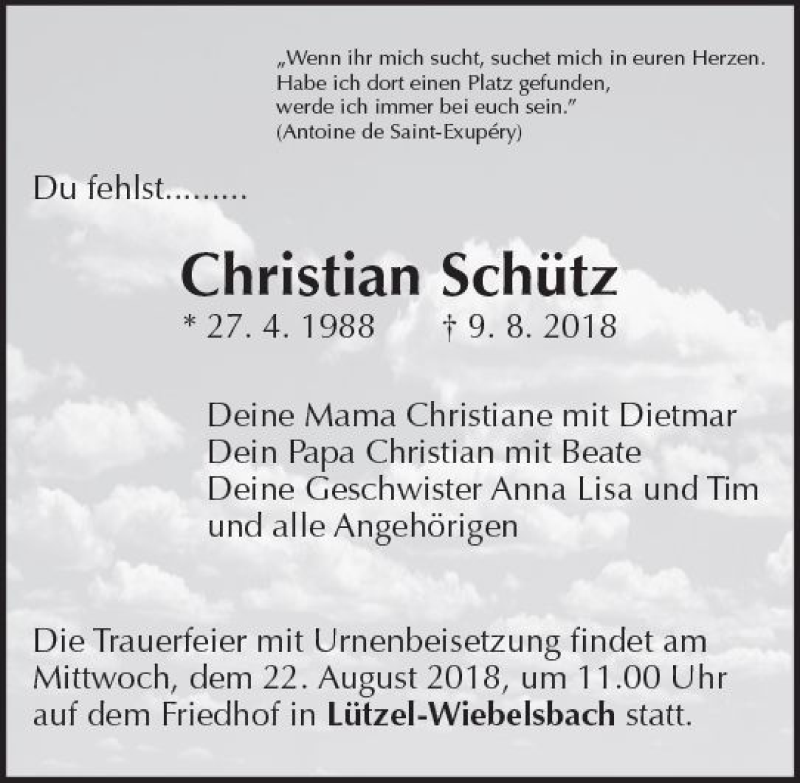  Traueranzeige für Christian Schütz vom 18.08.2018 aus vrm-trauer