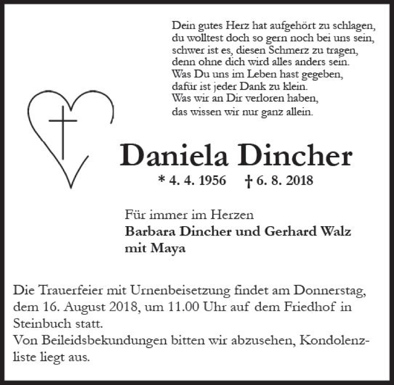  Traueranzeige für Daniela Dincher vom 14.08.2018 aus vrm-trauer