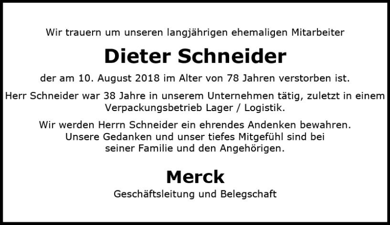  Traueranzeige für Dieter Schneider vom 23.08.2018 aus vrm-trauer