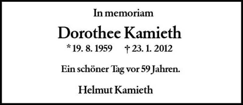  Traueranzeige für Dorothee Kamieth vom 18.08.2018 aus vrm-trauer