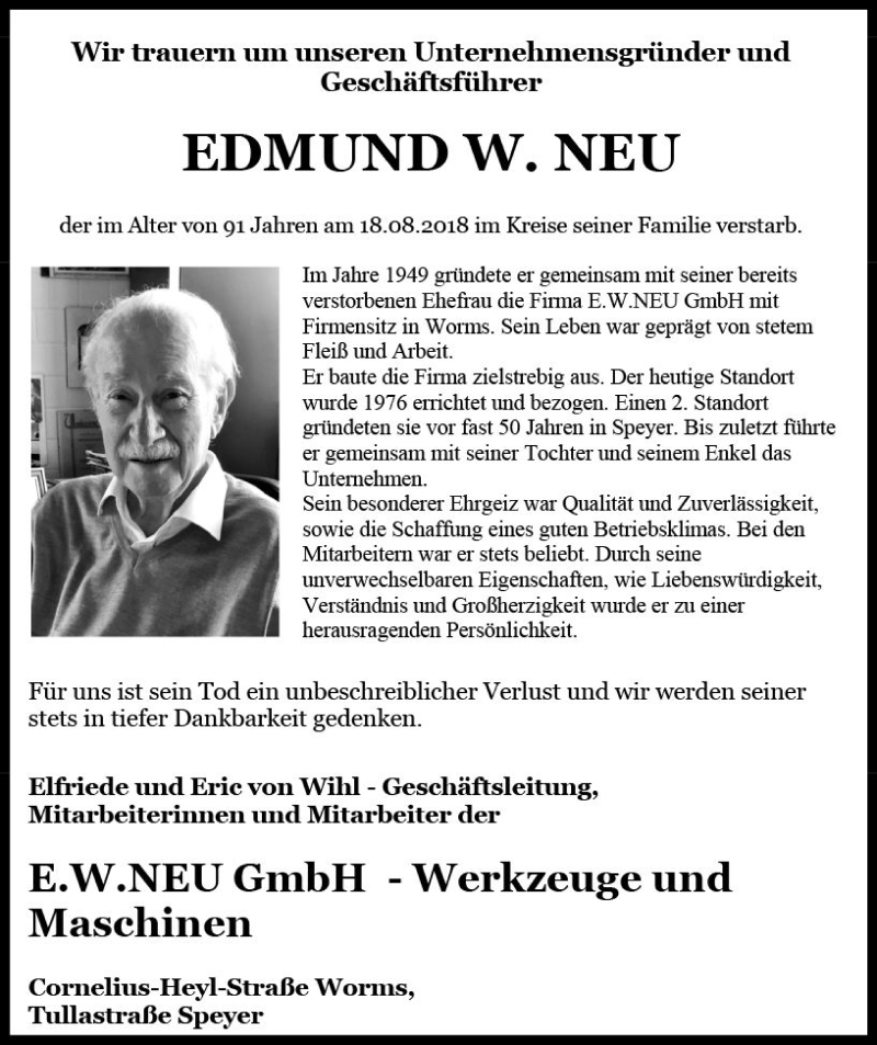  Traueranzeige für Edmund Walter Neu vom 23.08.2018 aus vrm-trauer