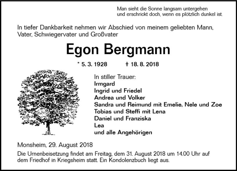  Traueranzeige für Egon Bergmann vom 29.08.2018 aus vrm-trauer