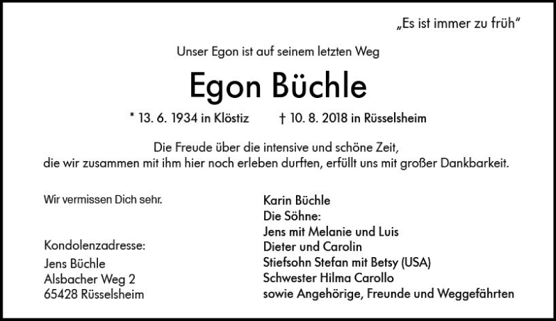  Traueranzeige für Egon Büchle vom 24.08.2018 aus vrm-trauer