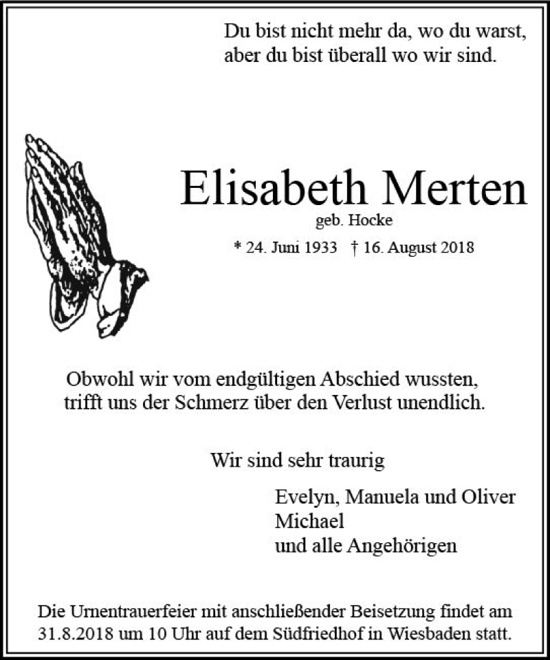  Traueranzeige für Elisabeth Merten vom 25.08.2018 aus vrm-trauer