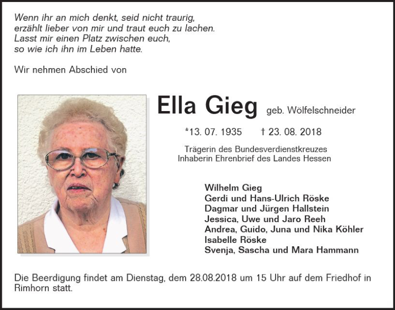 Traueranzeige für Ella Gieg vom 25.08.2018 aus vrm-trauer