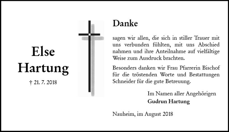  Traueranzeige für Else Hartung vom 11.08.2018 aus vrm-trauer