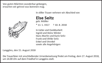 Traueranzeige von Else Seitz von  Gießener Anzeiger